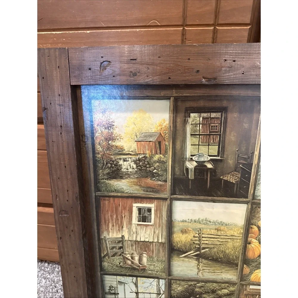 VTG HOMCO HOME INTERIORS B MITCHELL 12 WINDOW PANE PICTURE FALL RUSTIC